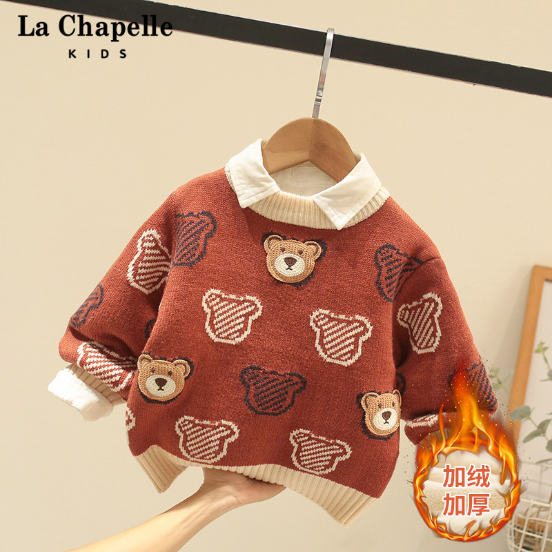 拉夏贝尔童装男童冬季圣诞红色毛衣加绒加厚2025新款宝宝针织衫2