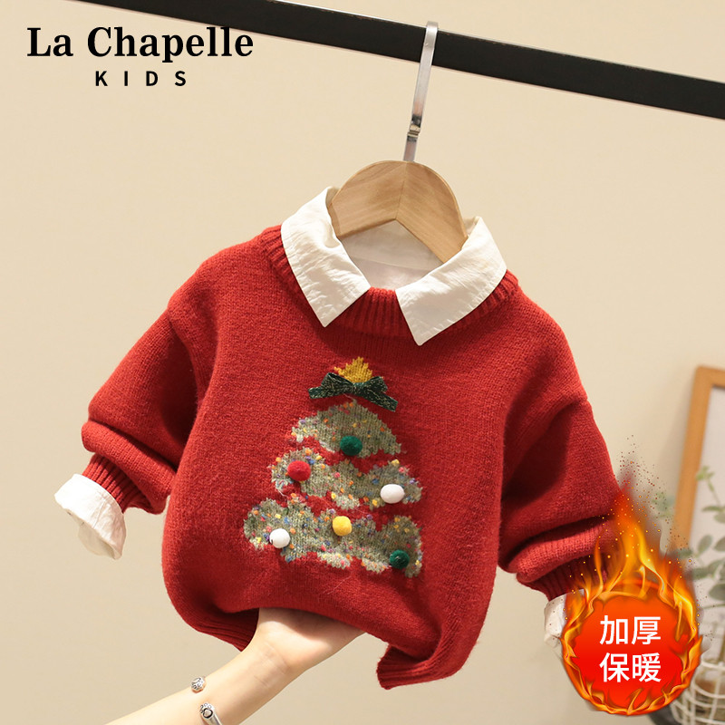 拉夏贝尔童装男童新年圣诞毛衣红色宝宝加厚婴儿儿童冬装女童过年