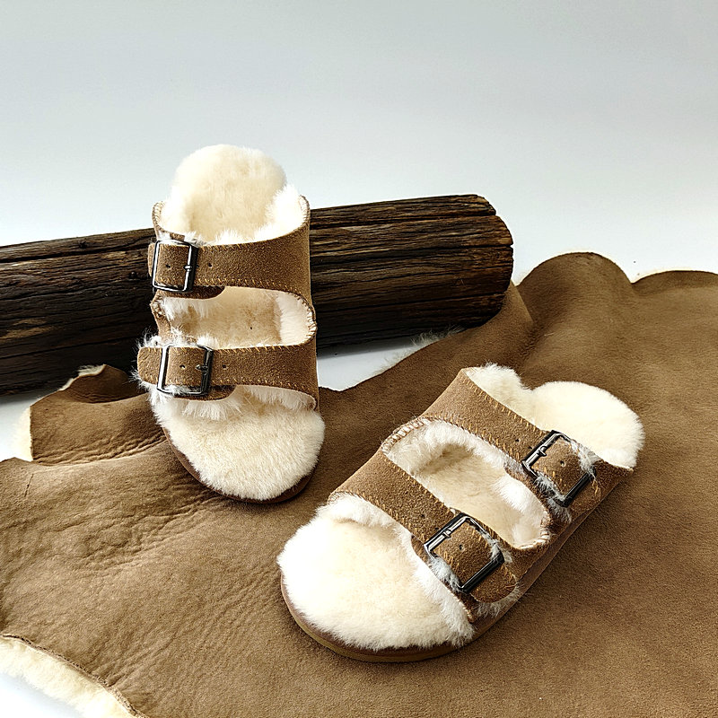 羊皮毛一体平底二字拖鞋博肯外穿