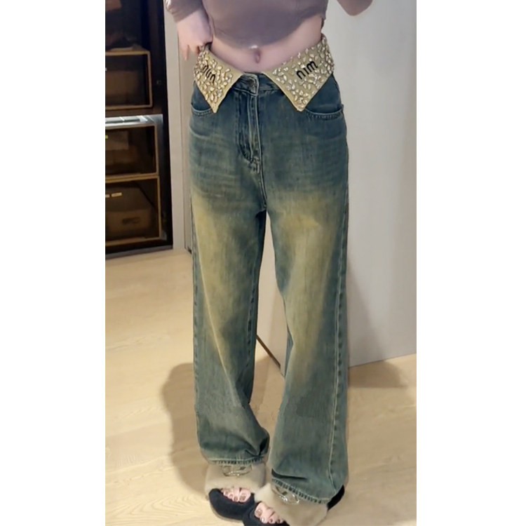 轻奢风重工镶钻翻边腰头设计感时尚百搭阔腿牛仔裤女春秋直筒长裤