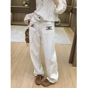 撞色口袋绣花设计感白色牛仔裤 子潮 女高腰显瘦垂感直筒宽松休闲裤