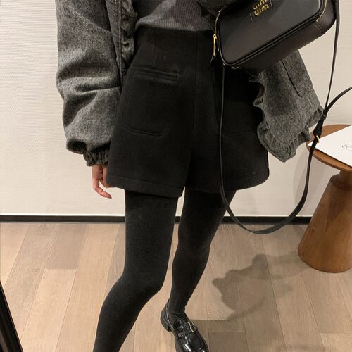 黑色毛呢短裤女大码胖妹妹2026秋冬新款高腰宽松显瘦A字阔腿靴裤