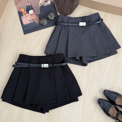 时尚高腰毛呢百褶裙女大码胖mm秋冬季复古a字半身裙裙裤灰色短裙