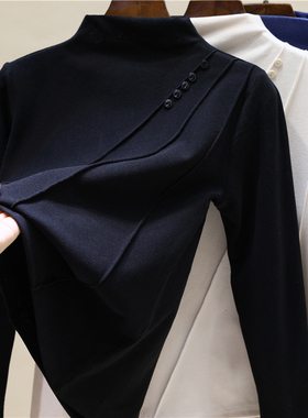 大码显瘦半高领t恤女秋冬胖妹妹遮肉减龄双面绒加绒保暖打底衫潮