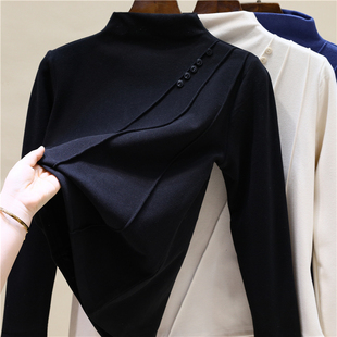 大码 潮 显瘦半高领t恤女秋冬胖妹妹遮肉减龄双面绒加绒保暖打底衫