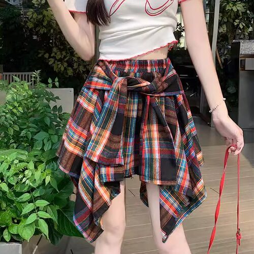 大码胖mm不规则衬衫格子半身裙