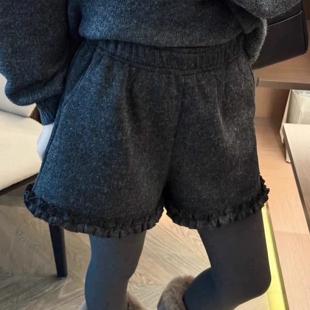 微胖mm大码甜美木耳边短裤女秋冬韩版时尚松紧腰显瘦宽松毛绒靴裤