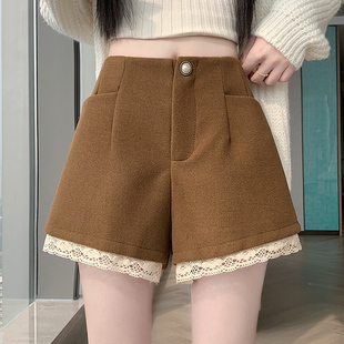 女 胖mm秋冬外穿高腰显瘦休闲百搭a字靴裤 加厚蕾丝阔腿短裤 女大码