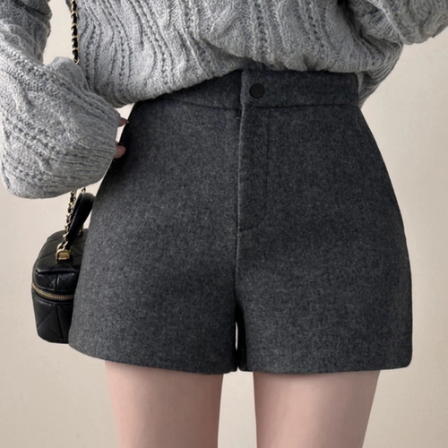 秋冬胖MM显瘦毛呢高腰a字热裤女