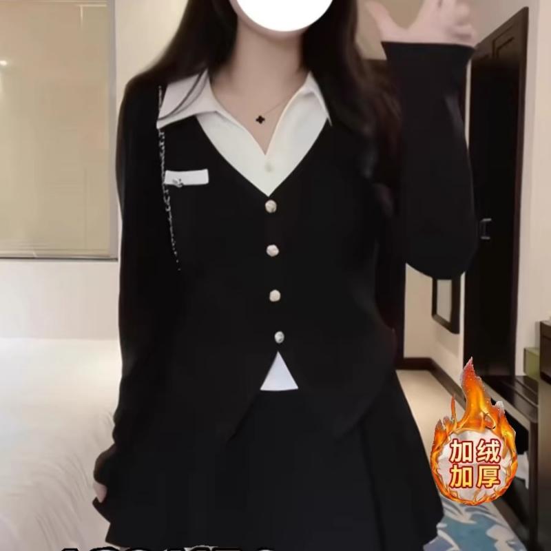 大码法式假两件加绒正肩t恤女冬季胖mm显瘦打底衫polo领长袖上衣