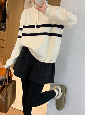黑色高腰毛呢短裤女秋冬新款时尚百搭大码微胖妹妹遮胯显瘦阔腿裤