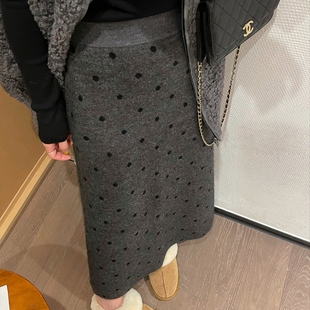韩系灰色波点毛呢半身裙女秋冬梨形身材直筒裙后开衩中长款a字裙