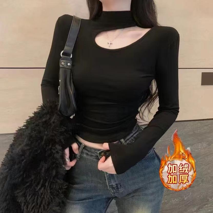 大码半高领加绒露锁骨设计感辣妹风法式复古时尚百搭秋冬款上衣女
