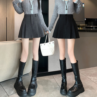 灰色毛呢半身裙女2025新款秋冬款小个子百褶裙高腰A字显瘦短裙子