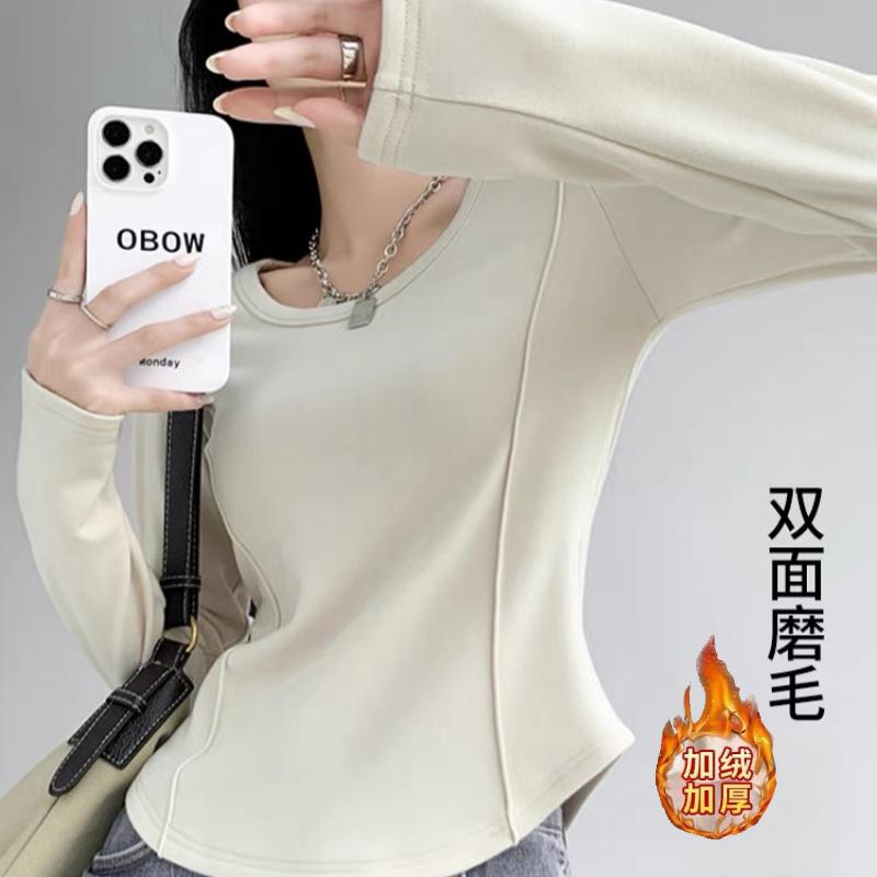 大码德绒打底衫鱼骨修身显瘦圆领