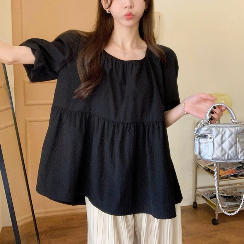 大码胖mm法式方领短袖衬衫女2025夏季新款遮肚显瘦泡泡袖别致上衣