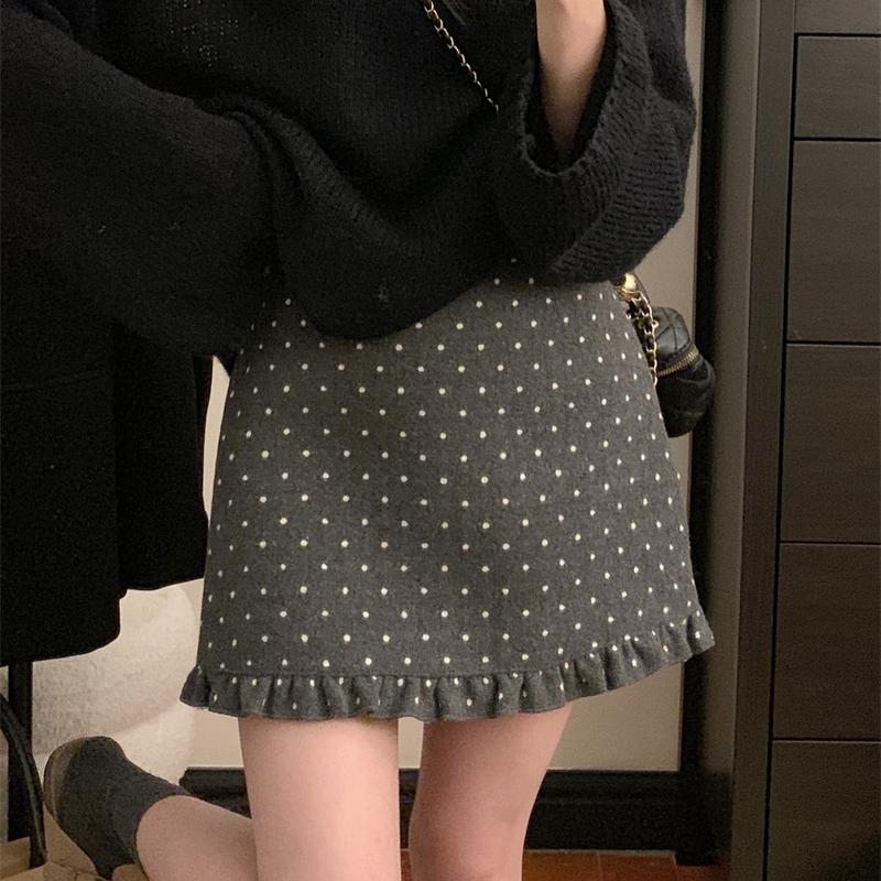 胖M波点半身裙小众花边毛呢半裙