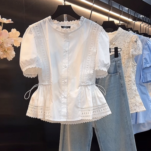 大码蕾丝镂空白色短袖衬衫女夏季2025新款设计感时尚气质衬衣上衣
