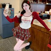 美式 女装 胖妹妹字母印花吊带T恤红色格子半裙学院风防晒套装 大码