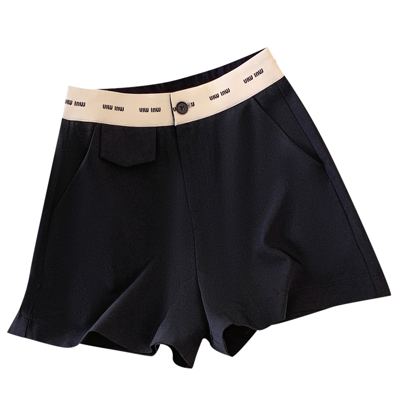 黑色拼接松紧高腰西装阔腿裤子女