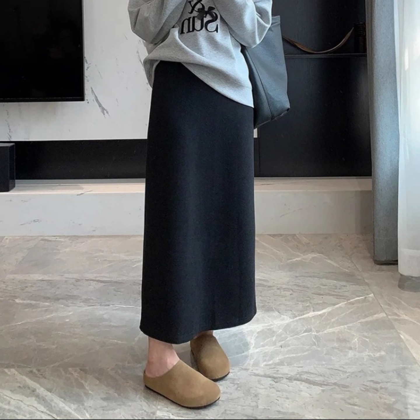 大码设计感黑色毛呢半身裙女秋冬高腰开叉裙子胖MM遮肚显瘦A字裙