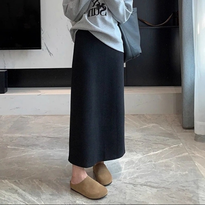 大码设计感黑色毛呢半身裙女秋冬高腰开叉裙子胖MM遮肚显瘦A字裙