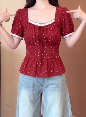 实拍大码女装方领爱心印花衬衫夏季胖mm显瘦超好看独特漂亮小上衣