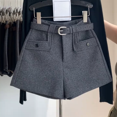 外穿毛呢短裤女小个子2025年秋冬灰色高腰靴裤百搭显瘦A字阔腿裤