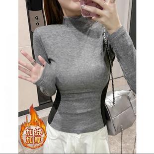 加绒半高领正肩沙漏腰长袖t恤女秋冬大码胖mm显瘦内搭打底衫上衣