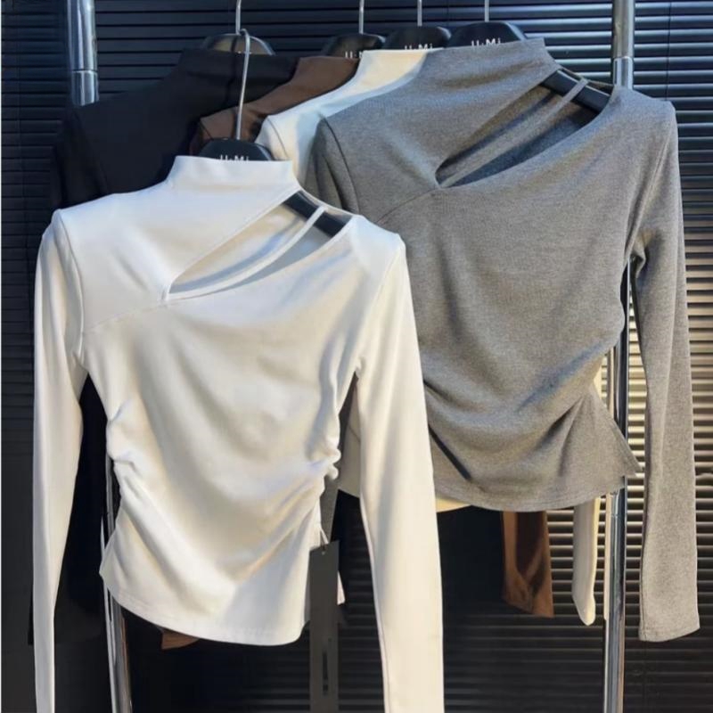 大码胖mm不规则露肩长袖打底衫
