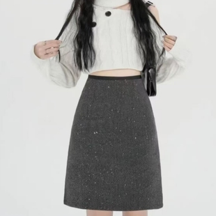 大码2025秋冬季新版百搭小香风闪闪重工亮片高腰A字中裙半身裙女