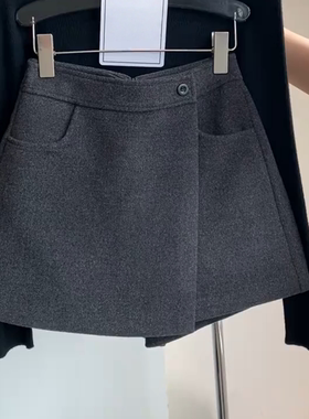 胖mm秋冬加厚毛呢半身裙高腰显瘦不规则斜边呢子a字裙口袋短裤裙