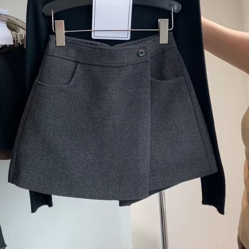 胖mm秋冬加厚毛呢半身裙高腰显瘦不规则斜边呢子a字裙口袋短裤裙