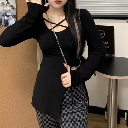 辣妹圆领大码女装美式辣妹绑带上衣胖mm不规则遮肉显瘦打底衫内搭