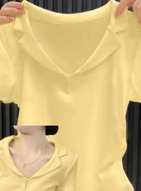 大码胖mm奶黄色polo领短袖t恤女2025夏季款收腰显瘦辣妹短款上衣