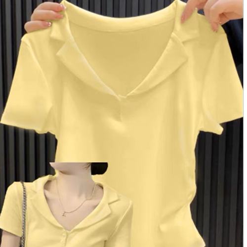 大码胖mm奶黄色polo领短袖t恤女