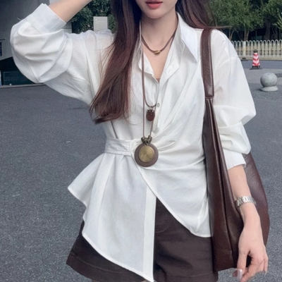 大码胖mm法式白色衫长袖衬衫上衣