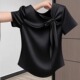 T恤女夏季 巨遮肚大码 胖mm显瘦黑色蝴蝶结绑带短袖 正肩超好看上衣