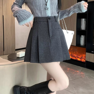 灰色百褶裙女小个子秋冬2025新款加厚jk短裙高腰a字裙毛呢半身裙