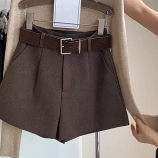 复古毛呢休闲裤 胖MM显瘦阔腿短裤 女2025新款 裤 子 秋冬高腰西装 大码