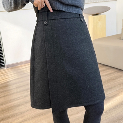 冬季毛呢半身裙胖mm松紧腰遮胯a字裙不规则加长短裙灰色毛呢中裙
