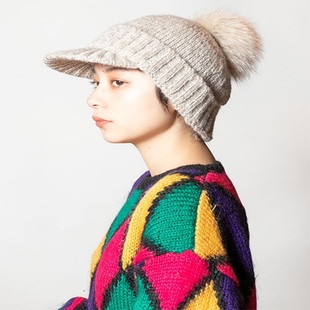 国现针织鸭舌帽CA4LA 可拆卸毛球ONM01847羊毛毛线帽