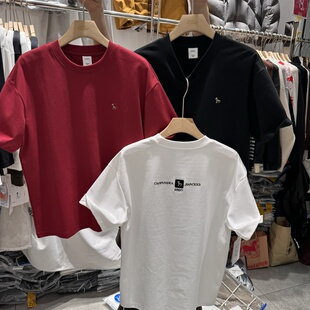 春夏新款重磅短袖男个性小马刺绣图案宽松红色T恤衫圆领半袖打底