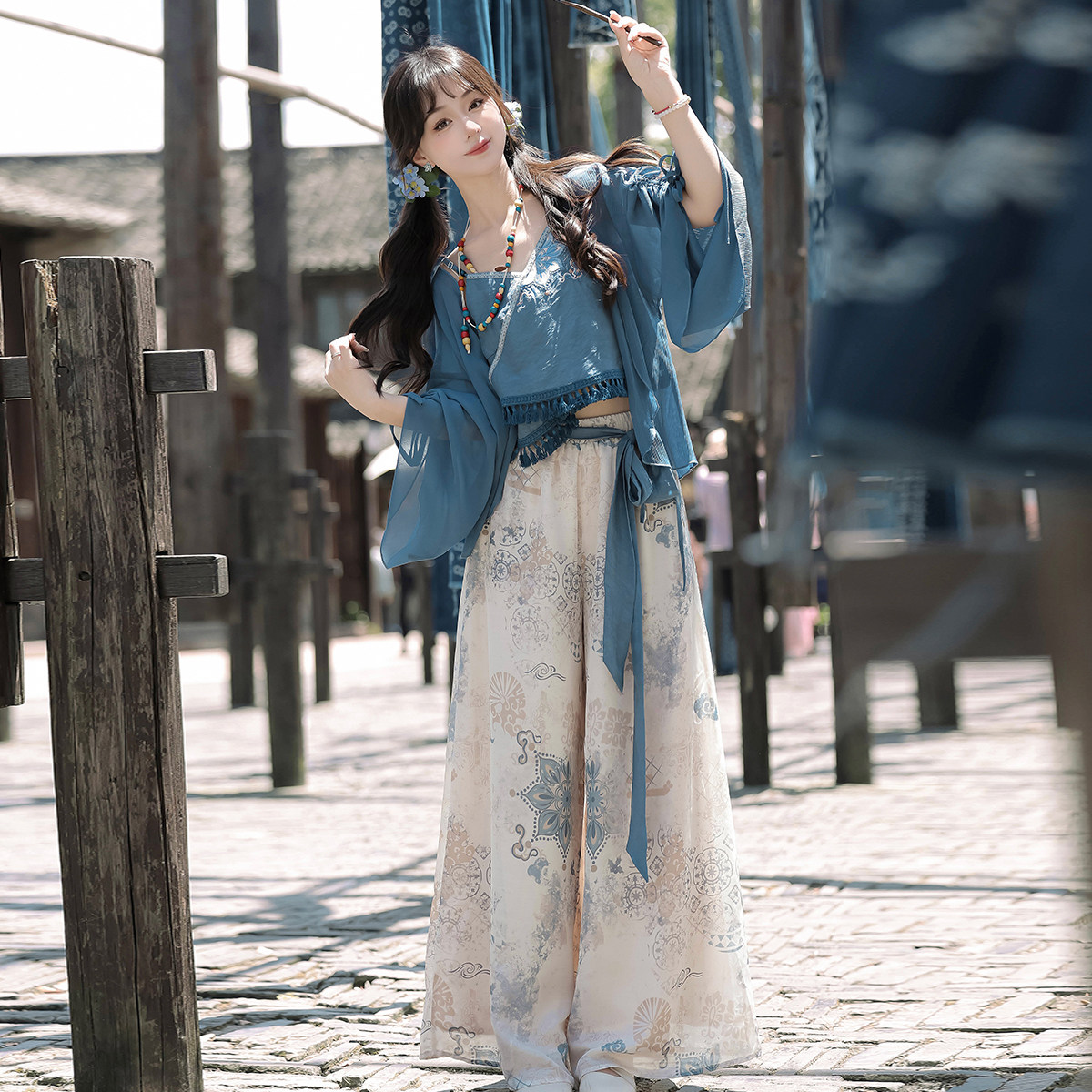 休闲裤女春秋国风日常百搭直筒长裤宽松高腰垂感新中式阔腿裤套装