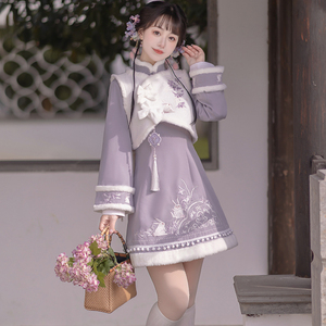 连衣裙女秋冬汉服中国风日常小个子减龄可爱lolita马甲新中式套装