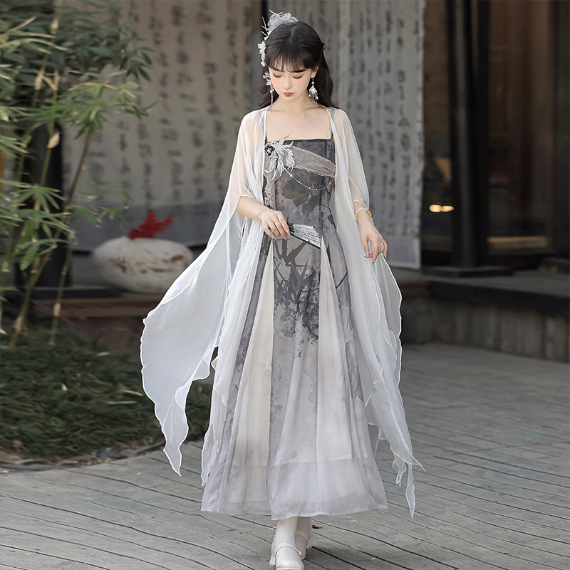 连衣裙女夏国风汉元素披肩日常套装改良收腰长款水墨新中式吊带裙,女装/女士精品,连衣裙,淘宝优惠券,粉丝福利购,淘宝优惠卷