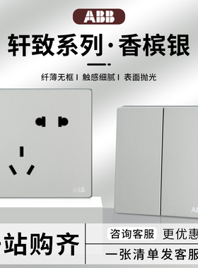 ABB开关插座轩致香槟银86型面板一开二三插10A单控双控错位斜五孔