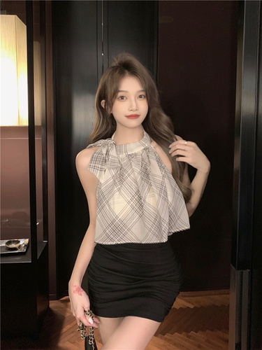 Real price real shot new summer pure desire lace up neck sleeveless chiffon shirt foreign style small shirt sexy off shoulder top