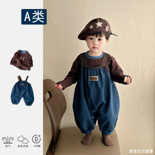 超萌婴儿衣服春装 春季 外出幼儿哈衣帅气 套装 洋气男宝宝连体背带裤