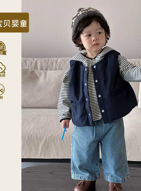 韩版男童分体两件套装春季宝宝马甲连帽卫衣牛仔裤春装婴幼儿衣服